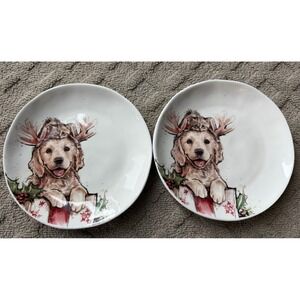 NEW, Set of 2 Christmas Yellow Labrador Puppy/Kitten Dog Plates